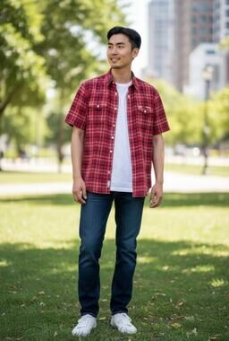 Lucky Brand Men's Short Sleeve Button Up Shirt Color: Red Plaid Size: Large